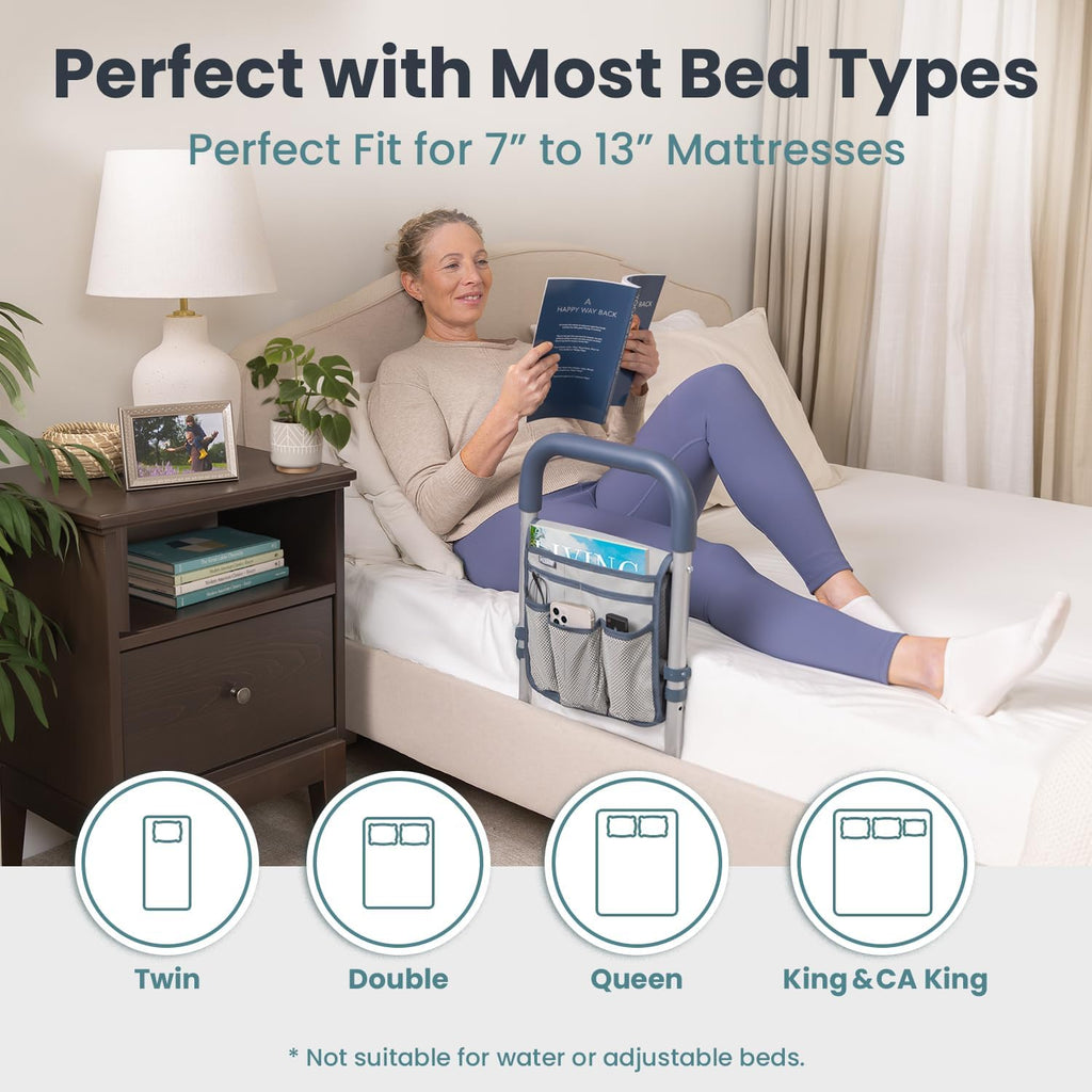 Bed Rails for Elderly Adults Safety, ASTM Compliant, Adjustable Bed Rail with Non-Slip Ergonomic Handle and Storage