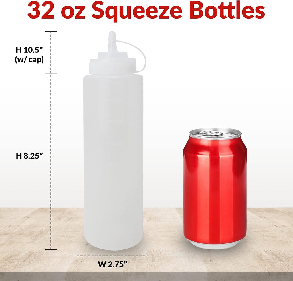 Plastic Squeeze Bottles 32 oz. | 8 Pack | Clear w/Tethered Caps