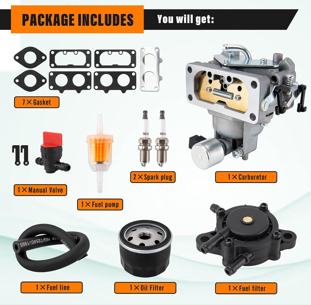 FH661V Carburetor Compatible with Kawasaki FH641V FH661V FH680V FH721V FX850V, 22 HP Engine, with 49065-0724 Oil Filter/Fuel pump,Replaces Parts 15004-1010 15004-0763 15004-7024