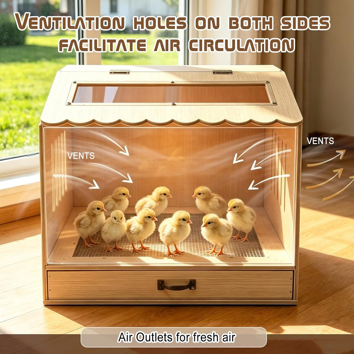 Wooden Chicken Brooder Box with Heating Lamp, 20x18x16 Inch Brooder Box with Mesh Bottom Drawer for Waste Collection