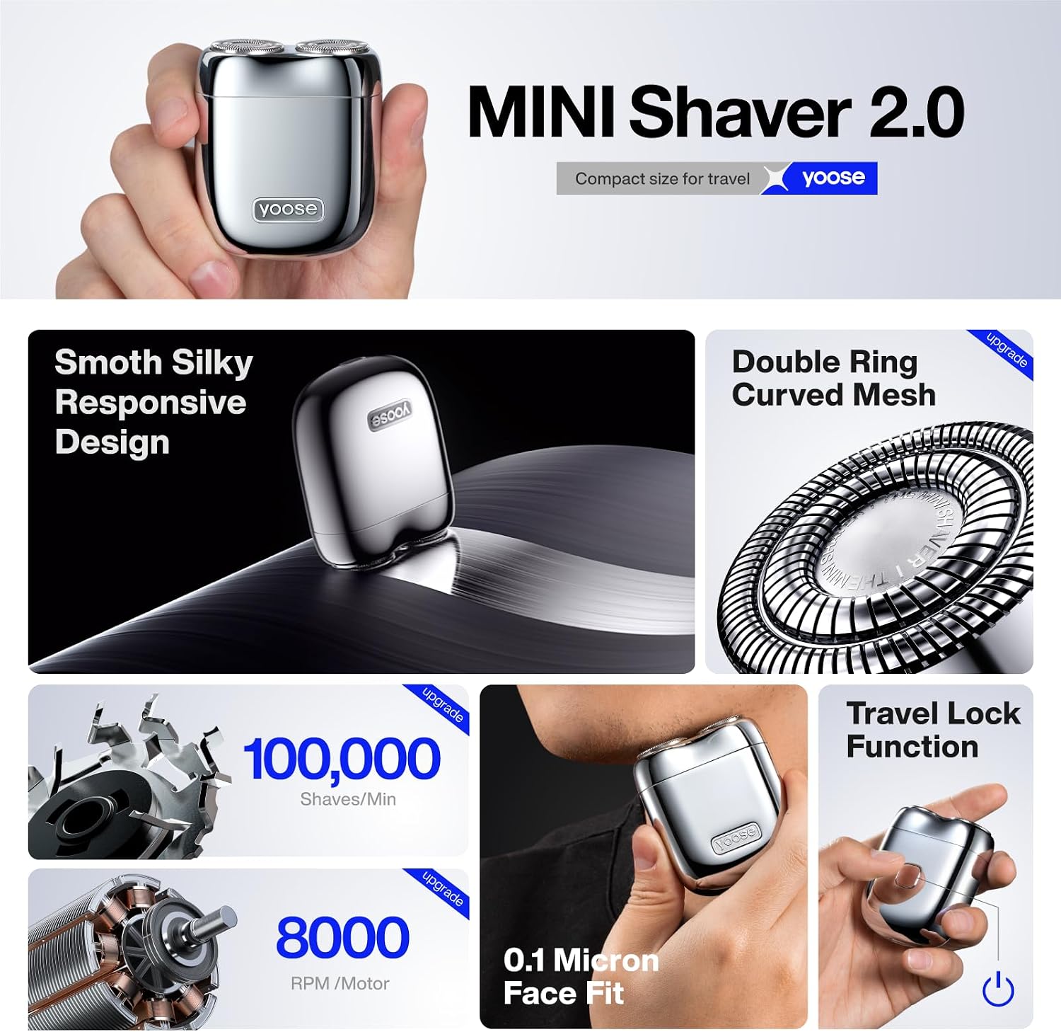 Mini Shaver, Portable Electric Razor for Men, Silver | Alloy Unibody, IPX7 Waterproof, Cordless Dry Shave, USB-C