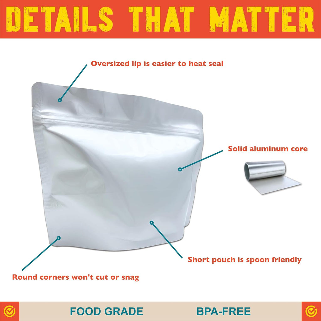 MRE Mylar Bags, 16 Mil Total Thickness, Stand-Up Resealable Pouches for Long-Term Food Storage, Freeze Dried Meals &