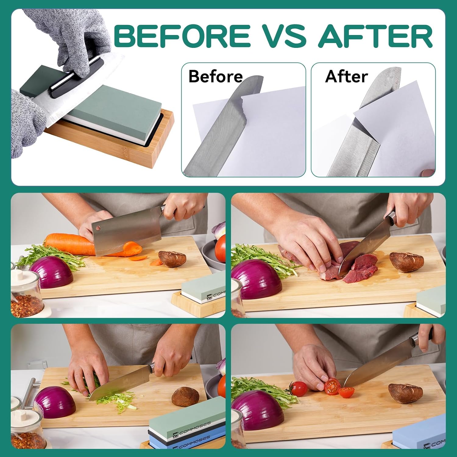 Whetstone Sharpening Stone Knife Sharpener Stone Set: 4 Side 8000|3000 1000|400 in Kitchen With Bamboo Base,Cut