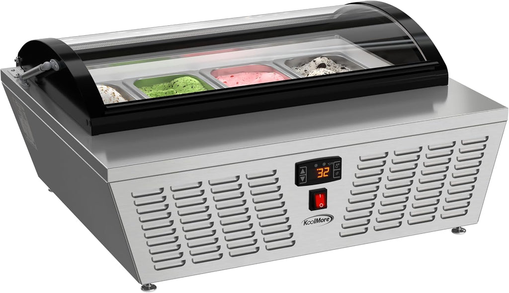 KM-CGDR-4P 32 in. 4-Pan Countertop Ice Cream Display Freezer with Curved Glass Top, ETL Listed