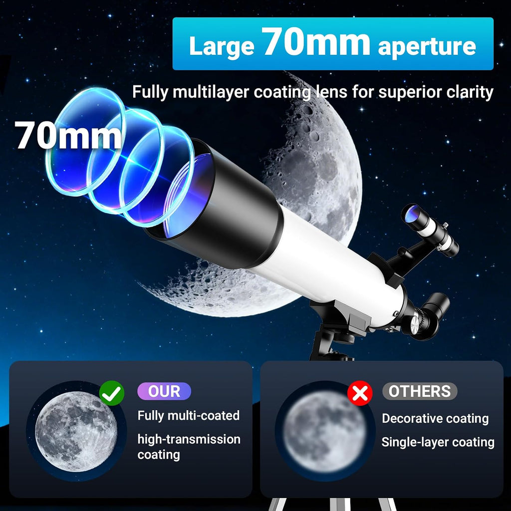 Telescope for Beginners, 70mm Aperture (20X-150X) 500mm Focal Length Refractor Astronomy Telescopes for Planets and