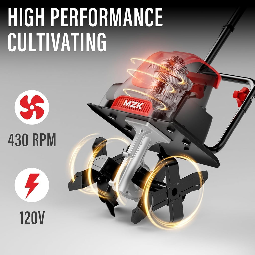 12-Inch 10.5A Electric Tiller Cultivator,8-Inch Depth | Lightweight corded rototiller for soil digging, garden beds