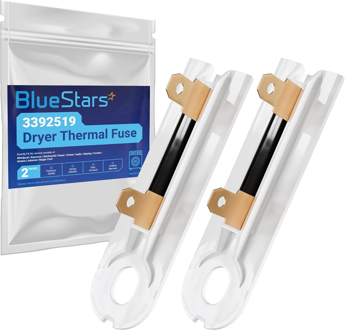 BlueStars 2-Pack 3392519 Dryer Thermal Fuse - Compatible with Whirlpool Kenmore - Replaces AP6008325 G4AP0500 3388651 694511 80005 WP3392519VP