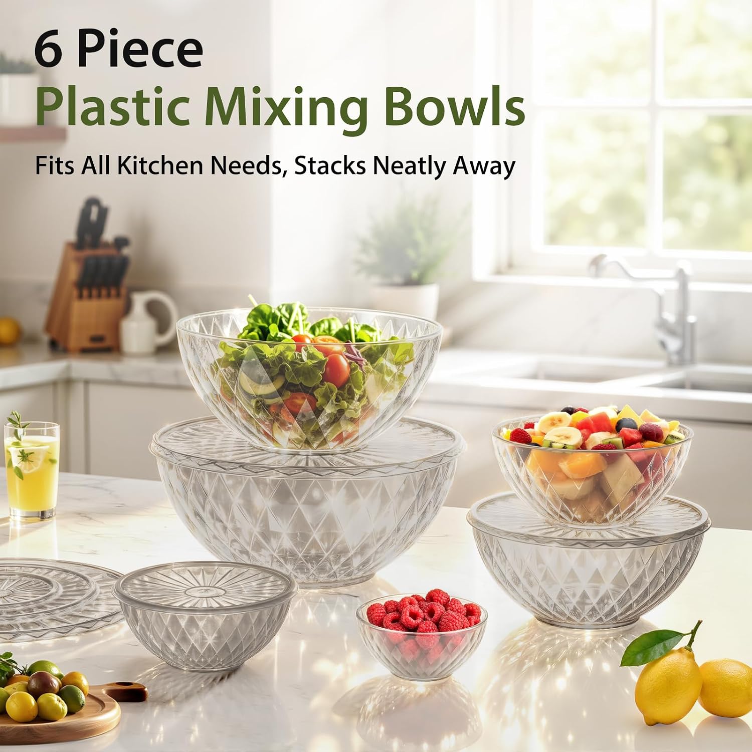 Plastic Mixing Bowls with Lids - 6 Piece Nesting Bowls Set with One-Press Easy-Cover Lids, Large Salad Bowl for