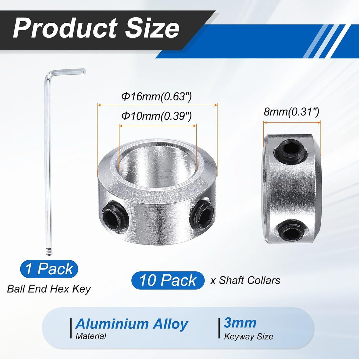 MECCANIXITY 10Pack Shaft Collar 10mm Bore 8mm Thick 16mm OD Silver