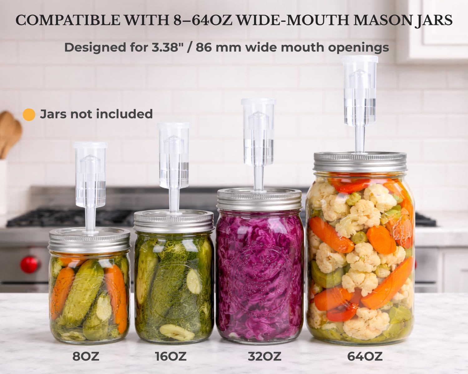 Stainless Steel Fermentation Lids for Wide Mouth Mason Jars, 4 Pack | Fermenting Lids with Airlocks and Silicone
