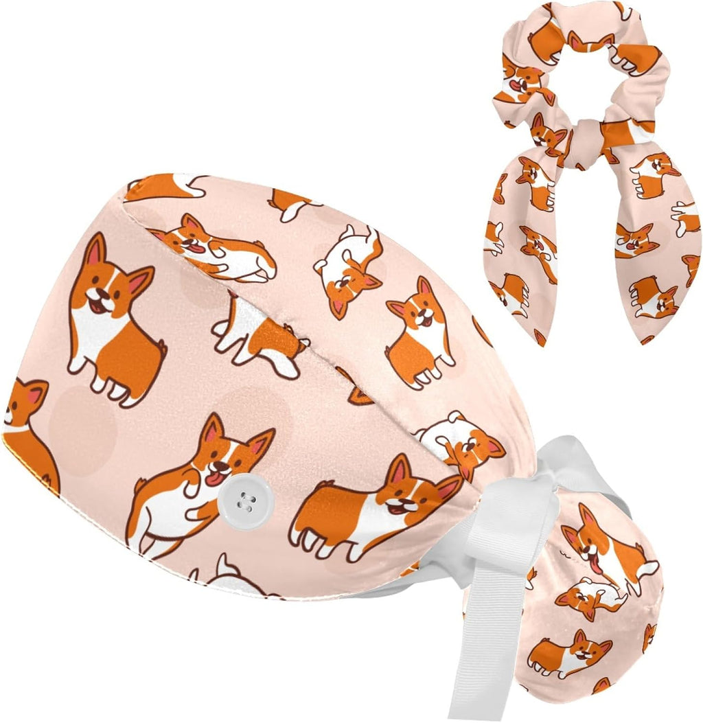 Corgis Dog Animal Women Surgical Cap with Buttons, Long Hair Scrub Hat with Bow Hair Scrunchy Ponytail Holder