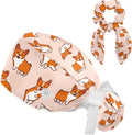 Corgis Dog Animal Women Surgical Cap with Buttons, Long Hair Scrub Hat with Bow Hair Scrunchy Ponytail Holder