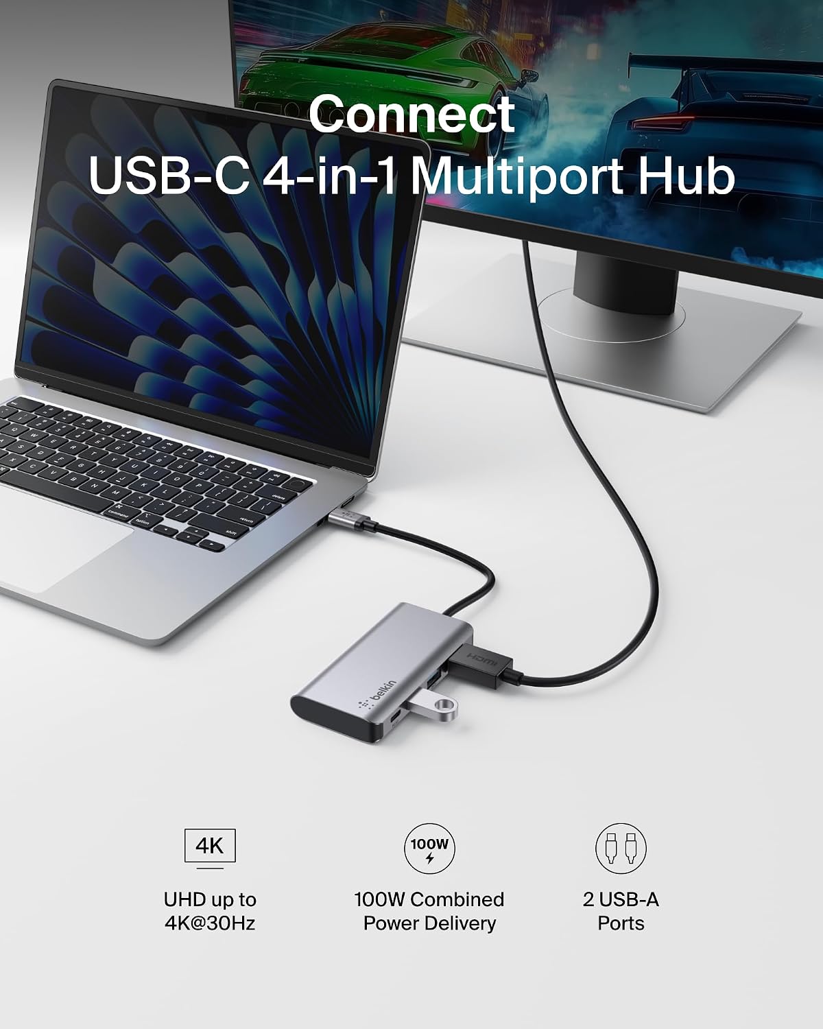 USB C Hub, 4-in-1 Multi-Port Laptop Dock with 4K HDMI, USB C Docking Station with 100 Watt Pass-Through Power