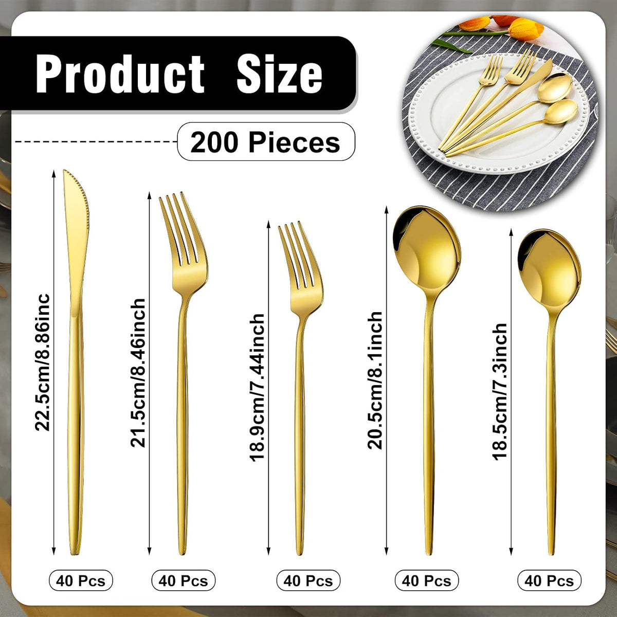 200 Pcs Gold Silverware Set Stainless Steel Flatware Set