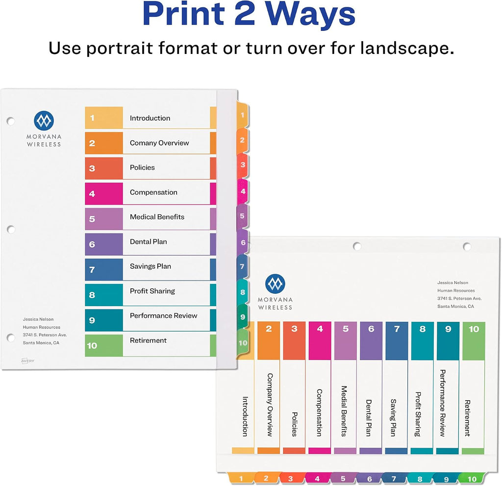 Extra-Wide Dividers for 3 Ring Binders, 10 Tabs per Set, Customizable Table of Contents, Multicolor Tabs, Works Great