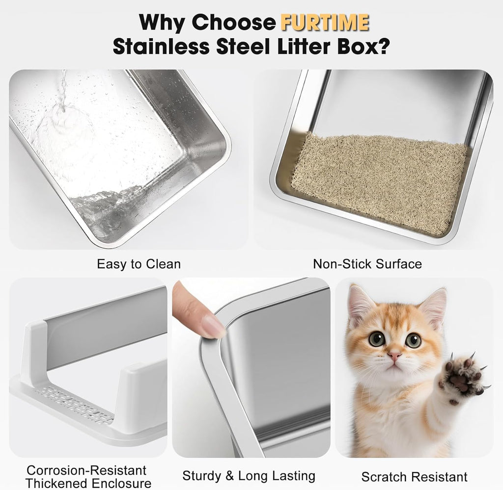 Stainless Steel Cat Litter Box, Easy-Clean High-Sided Metal Litter Box, Open-Top Litter Pan for Small Cats, Includes