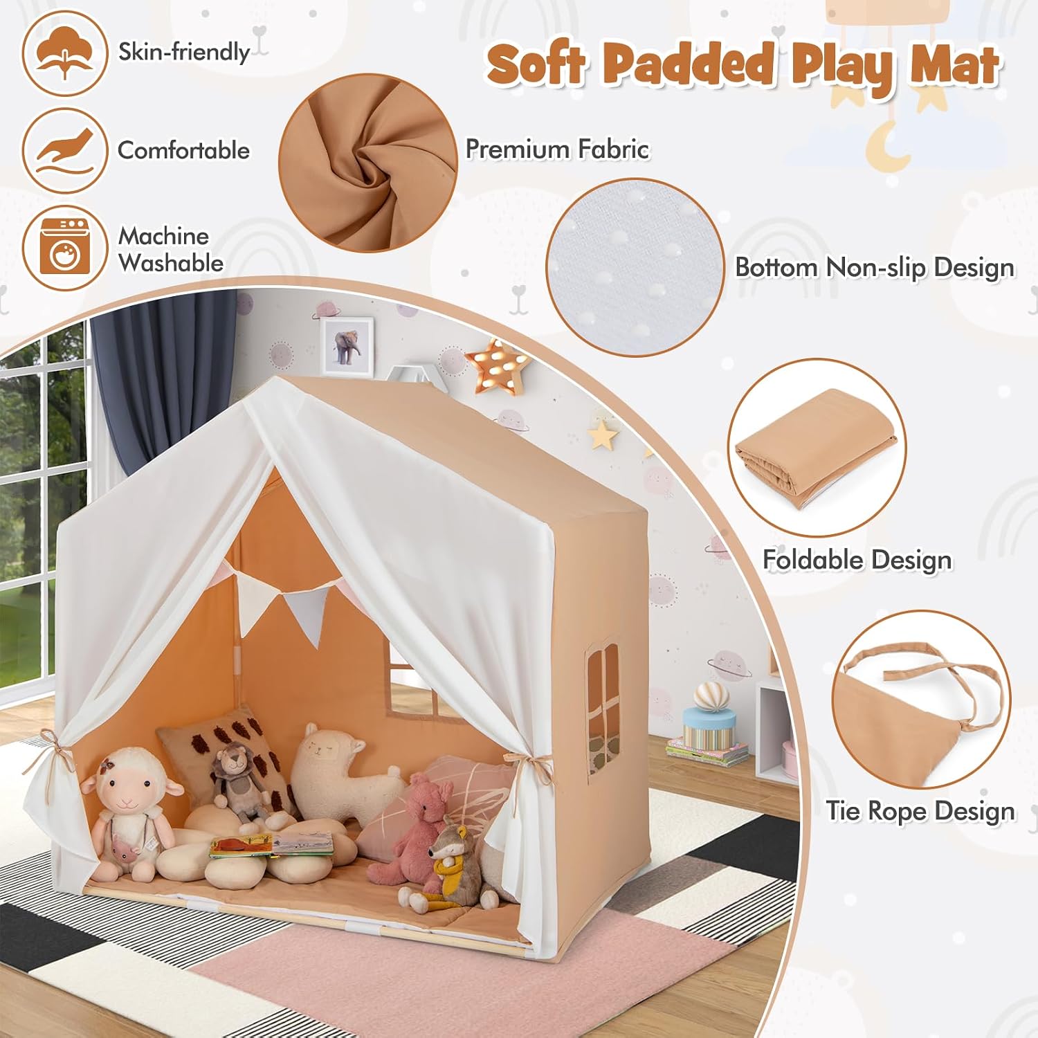 Large Kids Tent with Mat, Children's Play Tent w/Flag Banner, Windows, Gauze Curtain, Solid Wood Frame, Indoor