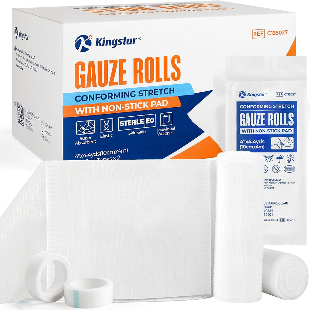 Sterile Gauze Rolls 4in x 4.4yds with Non-Stick Pad, 20 Pack Individually Wrapped Sterile Gauze Bandages, Latex-Free