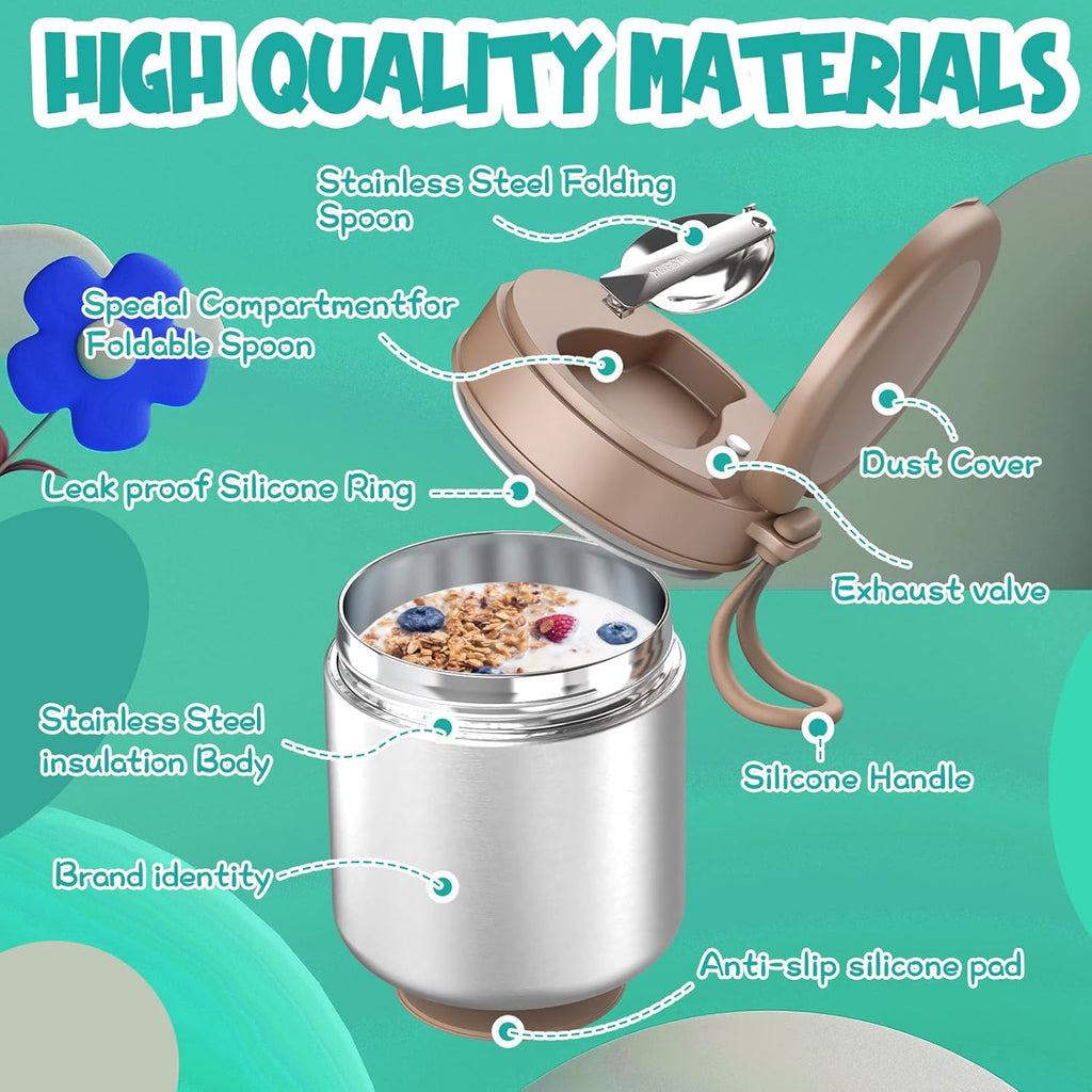 Thermo for Hot Food Kids - 15.2oz with Folding Spoon and Silicone handle | Leak Proof Insulated Food Jar, Soup