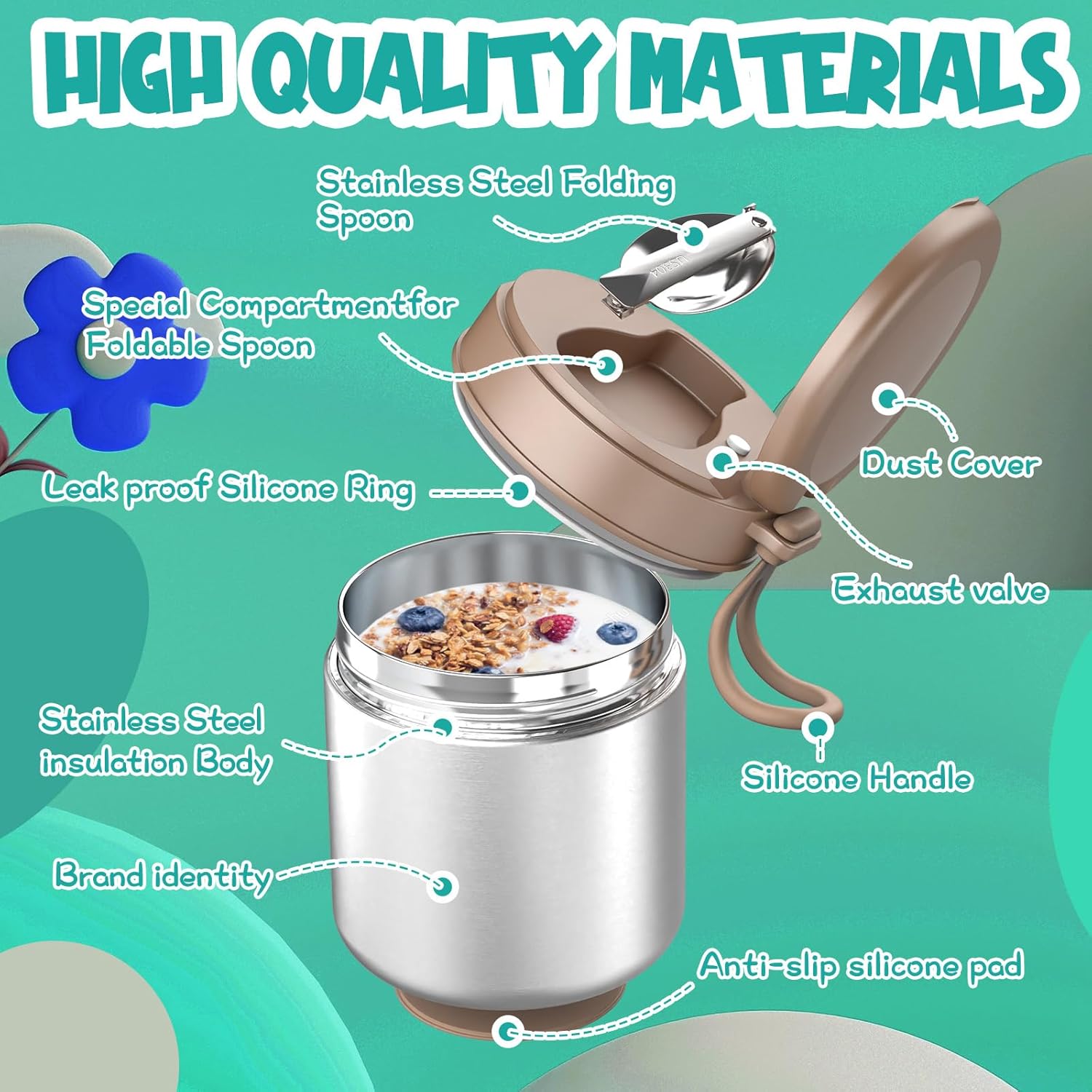 Thermo for Hot Food Kids - 15.2oz with Folding Spoon and Silicone handle | Leak Proof Insulated Food Jar, Soup