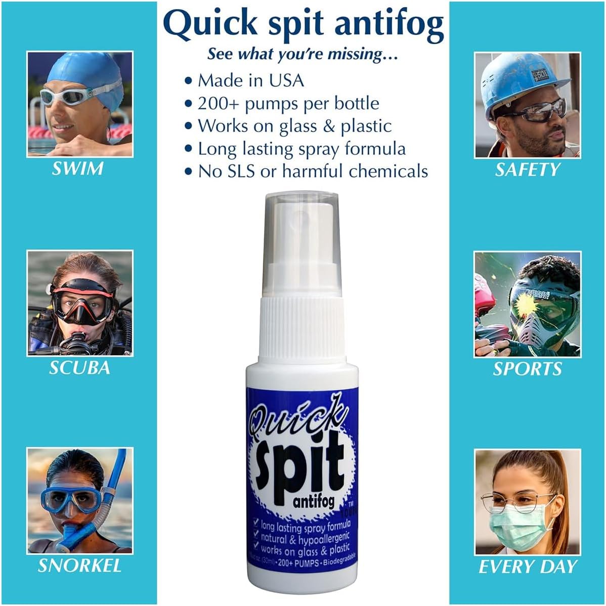 Jaws Quick Spit Anti-Fog Spray for Swim Goggles, Eye Glasses, Snorkel Mask, Scuba Divers, and Safety Eyewear, Made in
