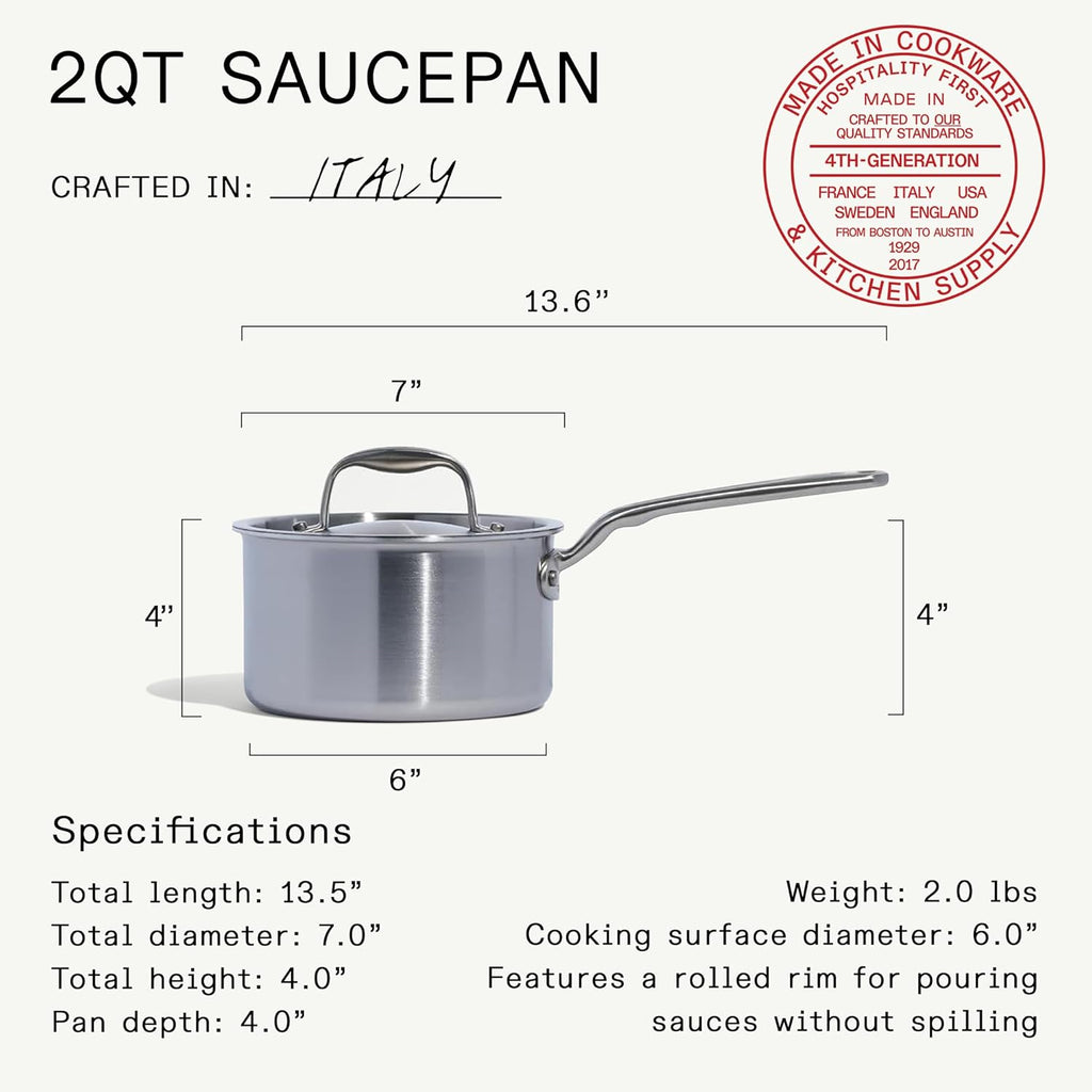 Cookware - 2 Quart Stainless Steel Saucepan with Lid - 5 Ply Stainless Clad - Professional Cookware - Crafted in
