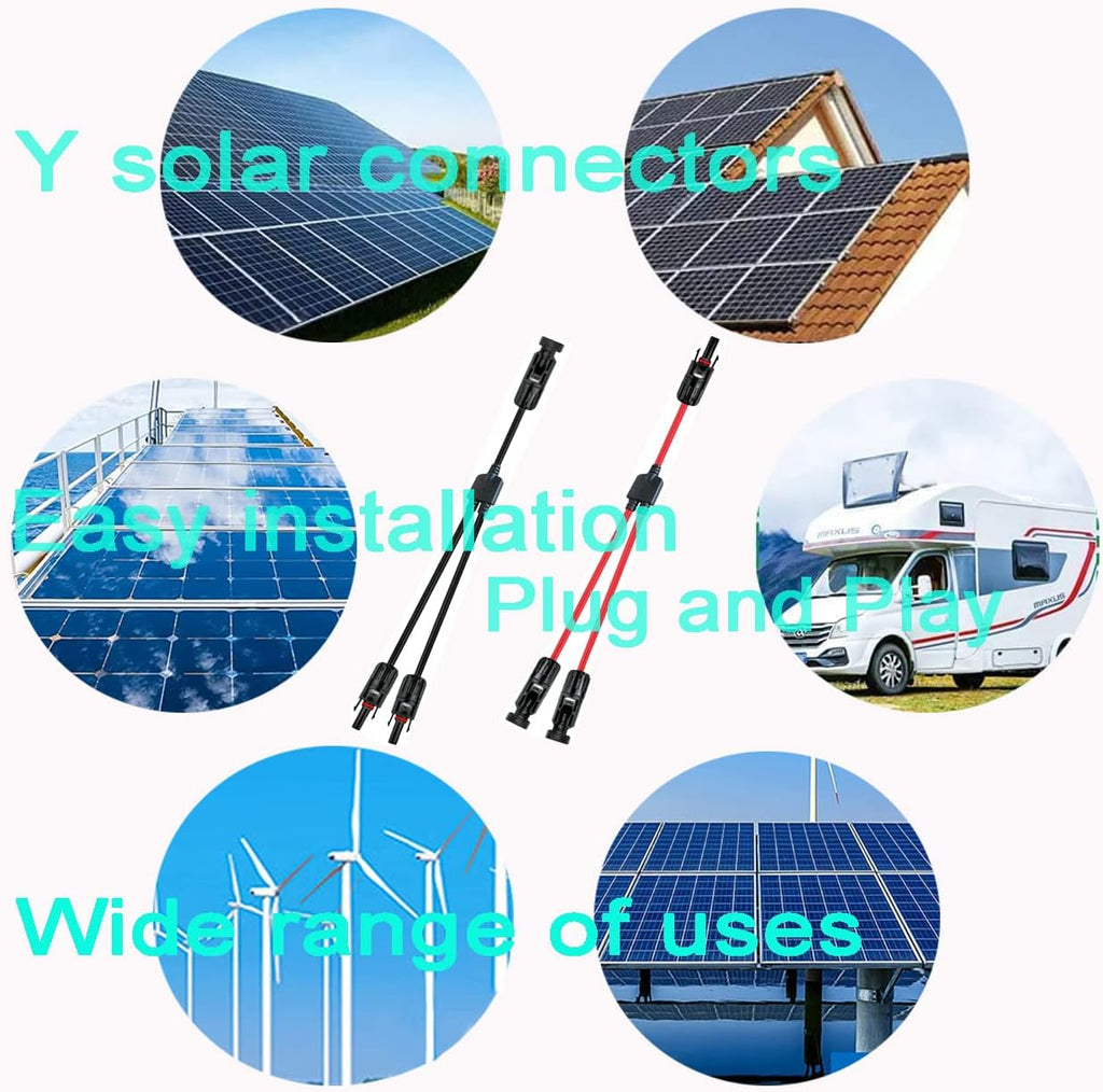 Y Solar Connector 1 to 2 Solar Y Branch Connector Adapter | 1 Pair with 10AWG 45A Waterproof IP68 40cm Male Female