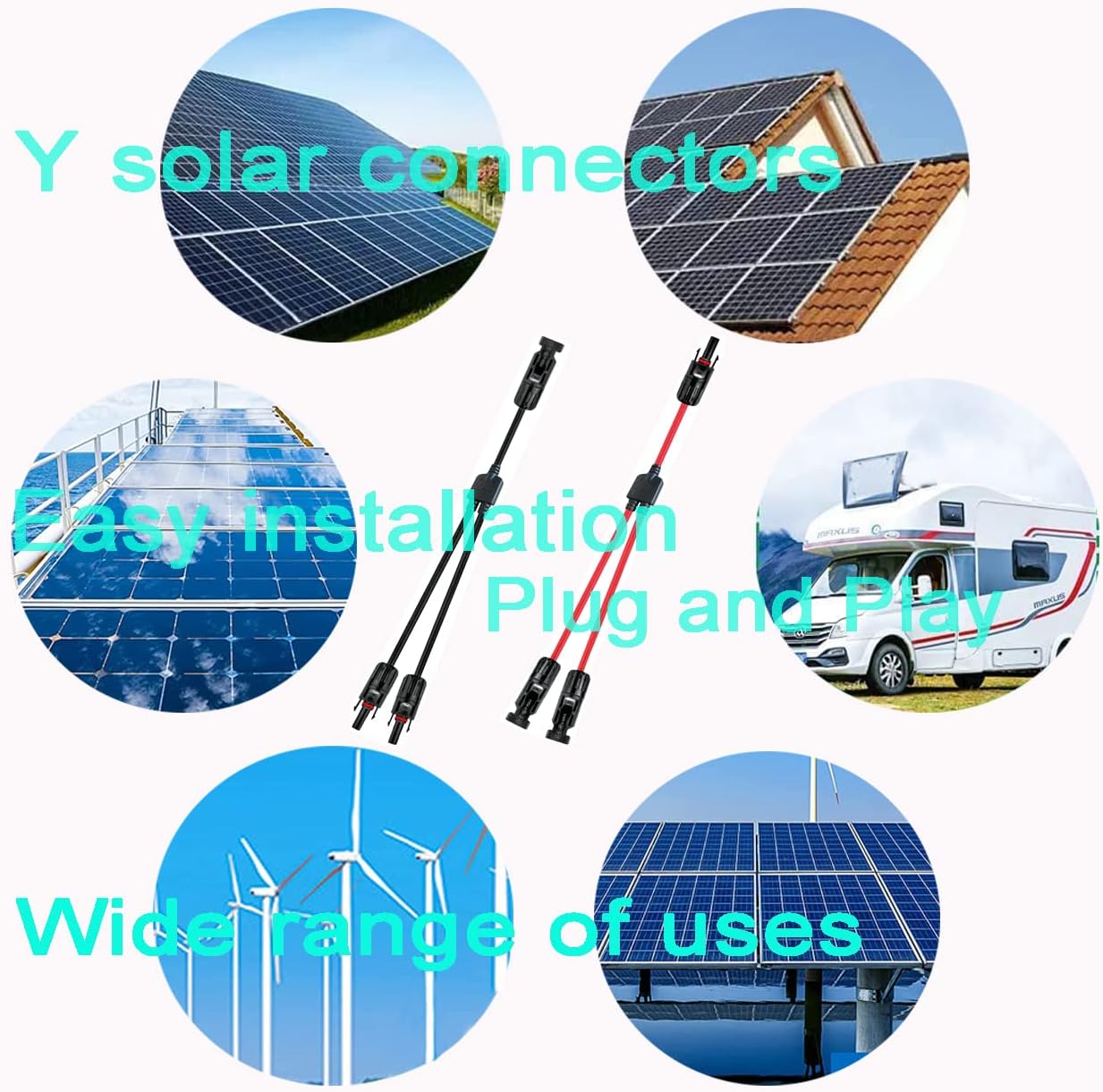 Y Solar Connector 1 to 2 Solar Y Branch Connector Adapter | 1 Pair with 10AWG 45A Waterproof IP68 40cm Male Female