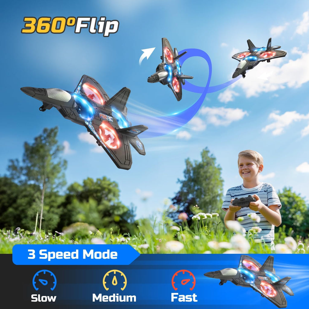 Foam RC Airplane Drone for Kids, Remote Control Helicopter, Toy Plane Fighter Jet with LED Light, Auto Hover