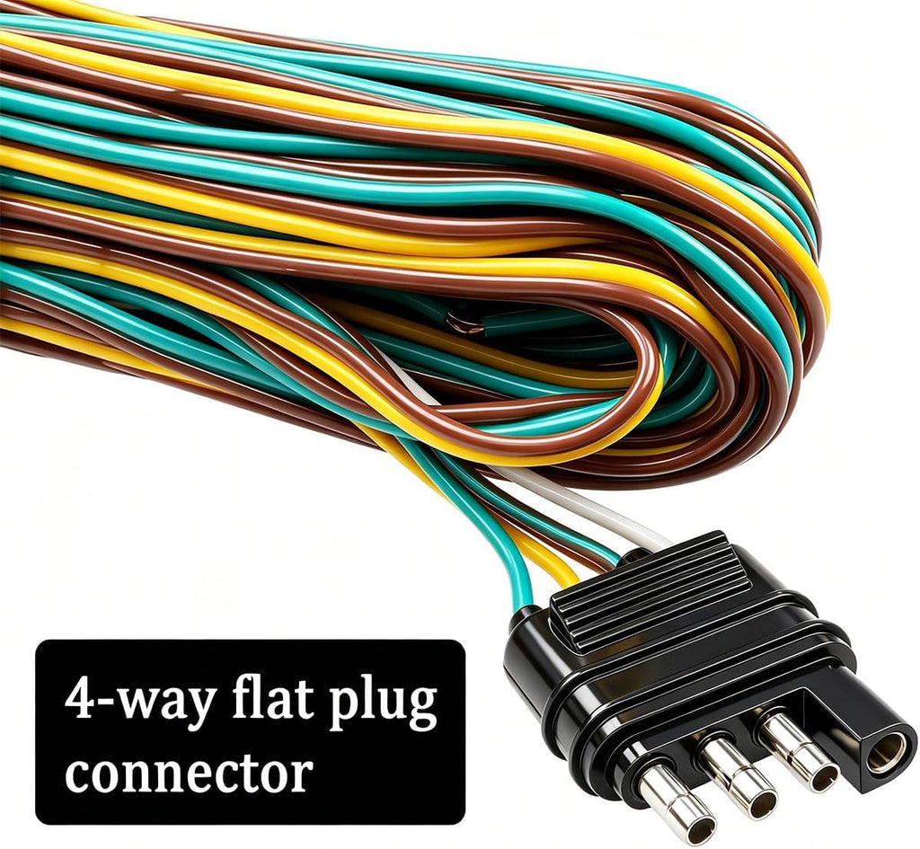25ft 4 Wire 4-Flat Trailer Light Wiring Harness Extension Kit, Trailer Wiring Harness with 18 Gauge White Ground Wire
