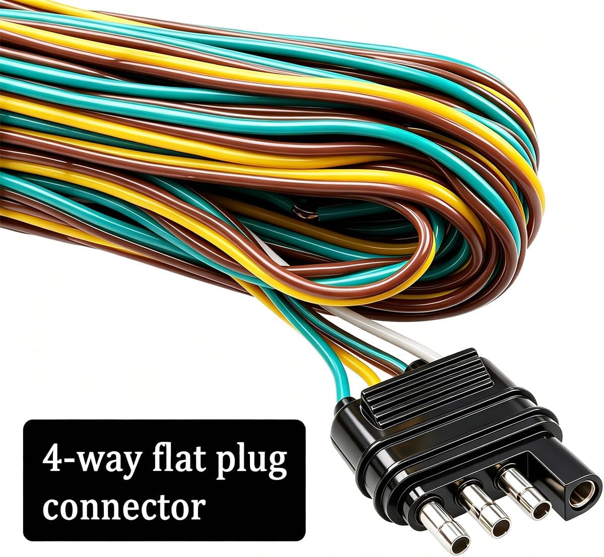 25ft 4 Wire 4-Flat Trailer Light Wiring Harness Extension Kit, Trailer Wiring Harness with 18 Gauge White Ground Wire