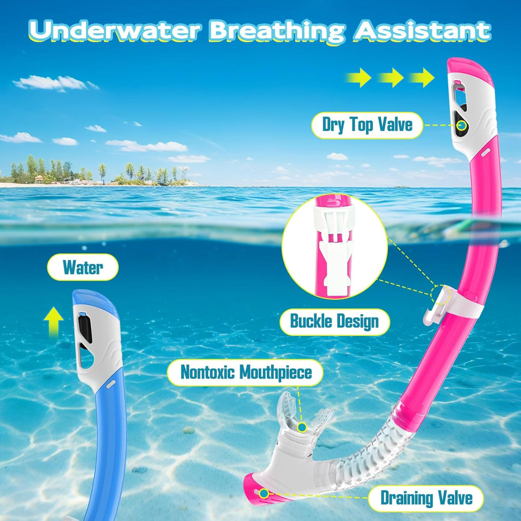 2 Sets Kids Snorkeling Gear for Ages 3-14, Anti-Fog 180° Clear View Dry Top Snorkel Set, Swimming Mask with Nose