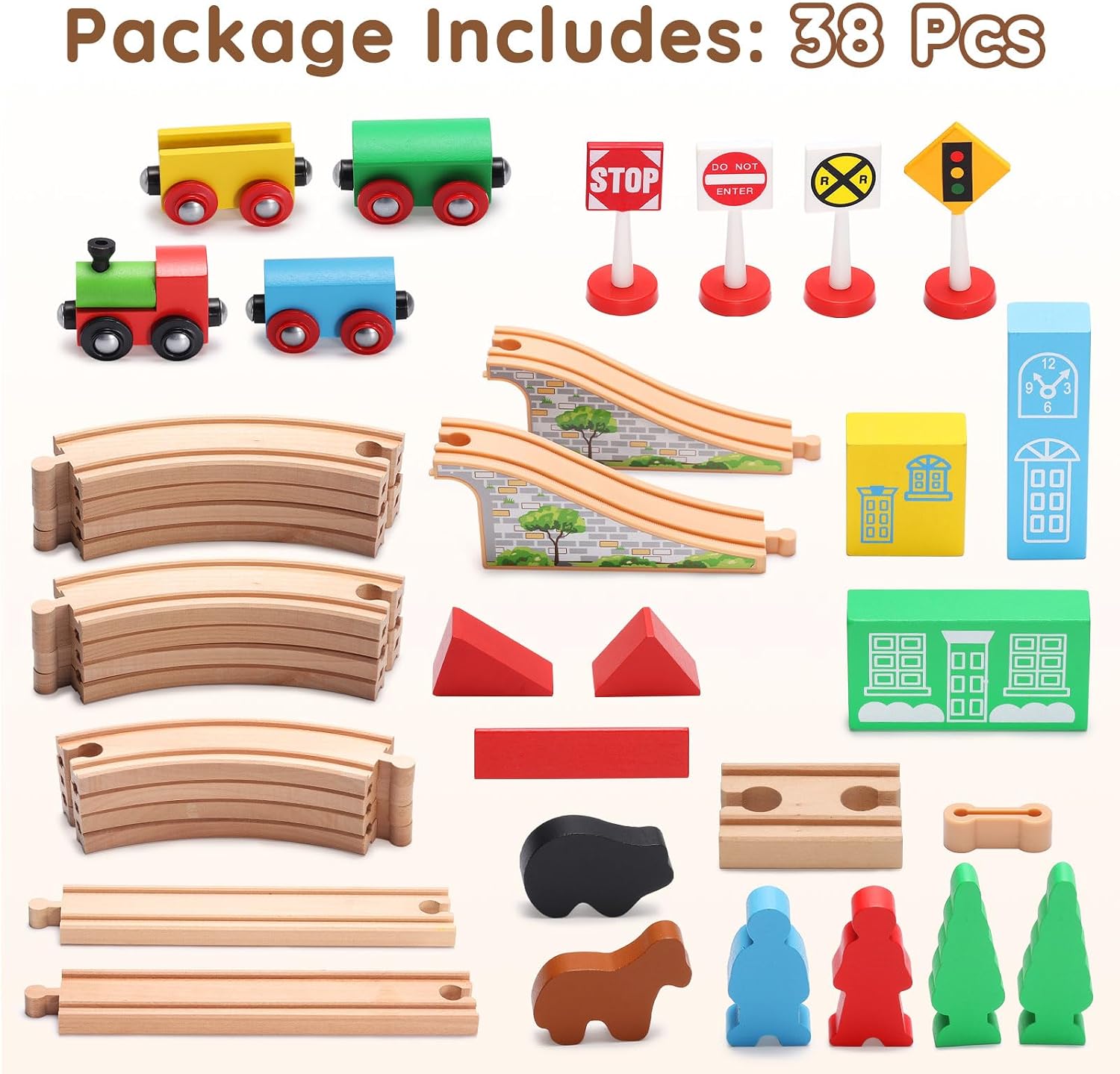 Wooden Train Set for Toddler with Double-Side Train Tracks Fits Brio, Thomas, Melissa and Doug, Kids Wood Toy Train
