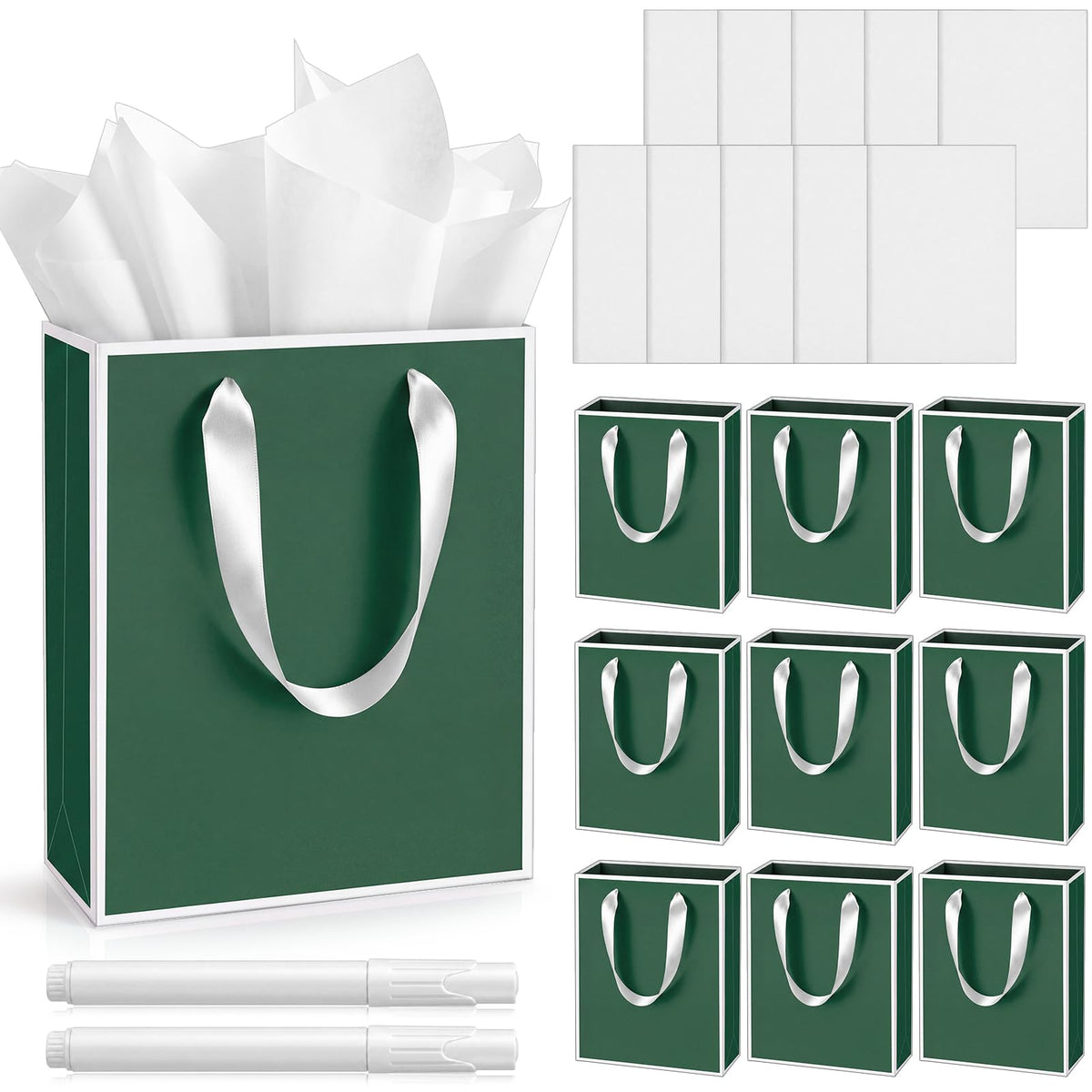 10 Pack Paper Gift Bags with Handle Tissue Paper, Green White