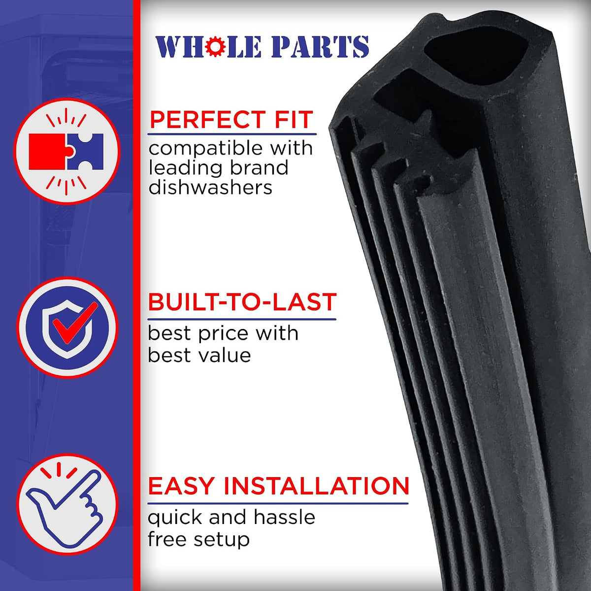 Whole Parts Upgraded Black Dishwasher Bottom Door Gasket Part # 154859401