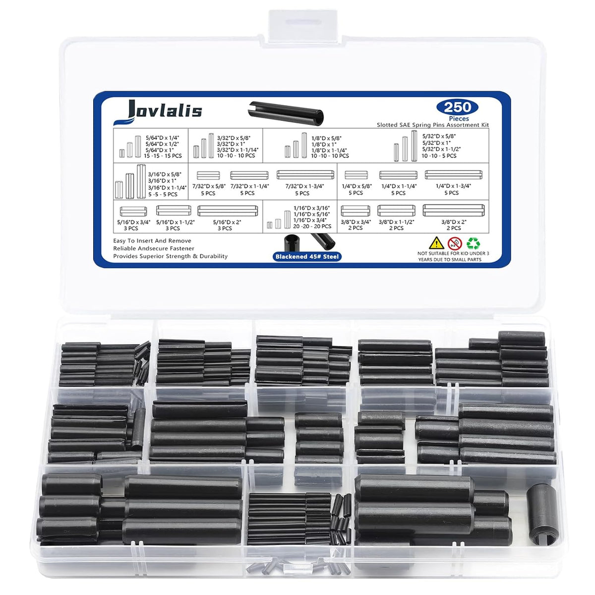 SAE Roll Pin Set, 250 Pcs Roll pin Assortment, Slotted Spring Pins