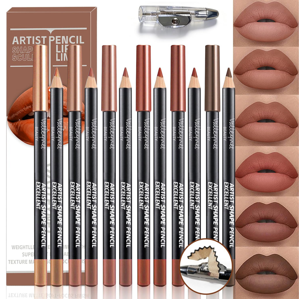 6 Colors Nude Brown Lip Liner Set with Sharpener, Long Lasting
