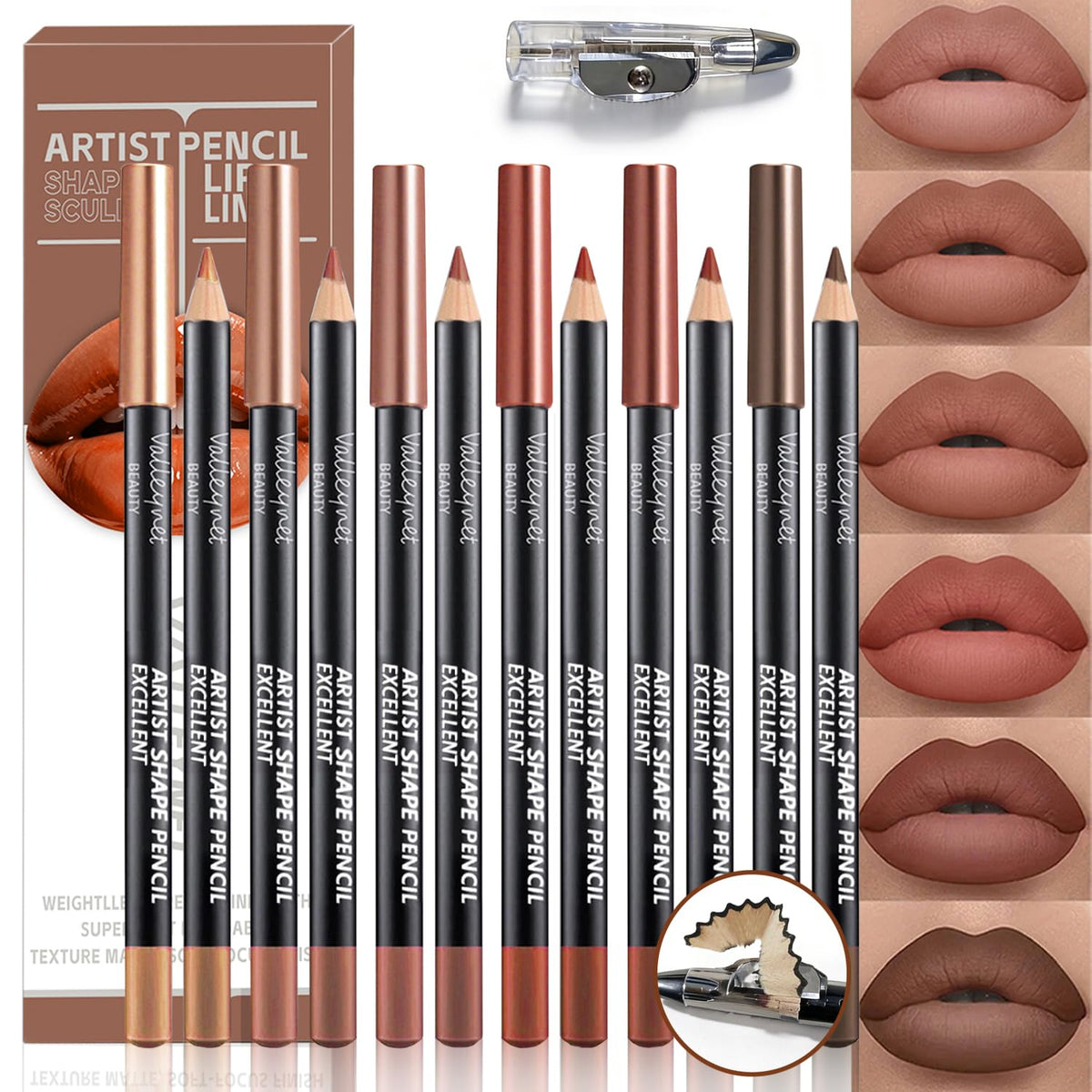 6 Colors Nude Brown Lip Liner Set with Sharpener, Long Lasting