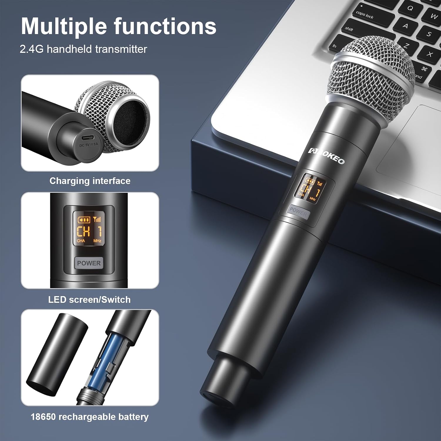 Wireless Microphone for Mic Input, UHF Metal Dynamic Handheld Multipurpose Mic with Rechargeable Receiver (Work 4hs)
