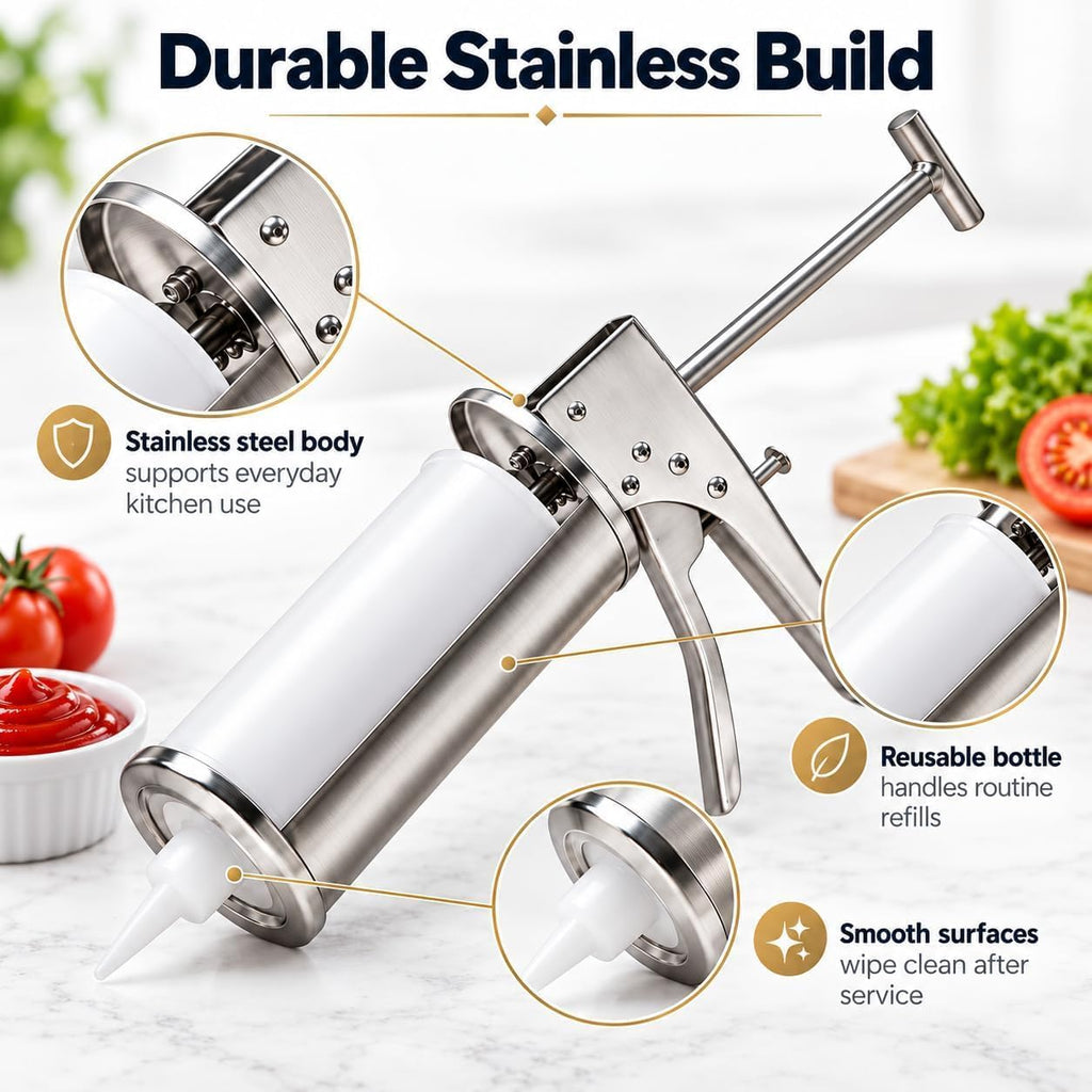 Stainless Steel Manual Sauce Dispenser Gun for Food Prep Kitchen