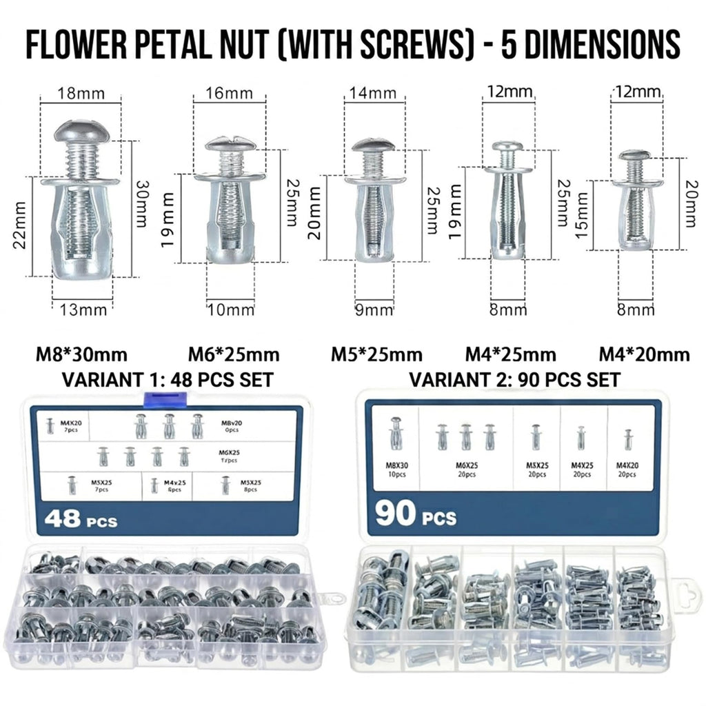 48Pcs/90Pcs Button Rivet Locking Nuts Set with M4 M5 M6 M8 (90 PCS)