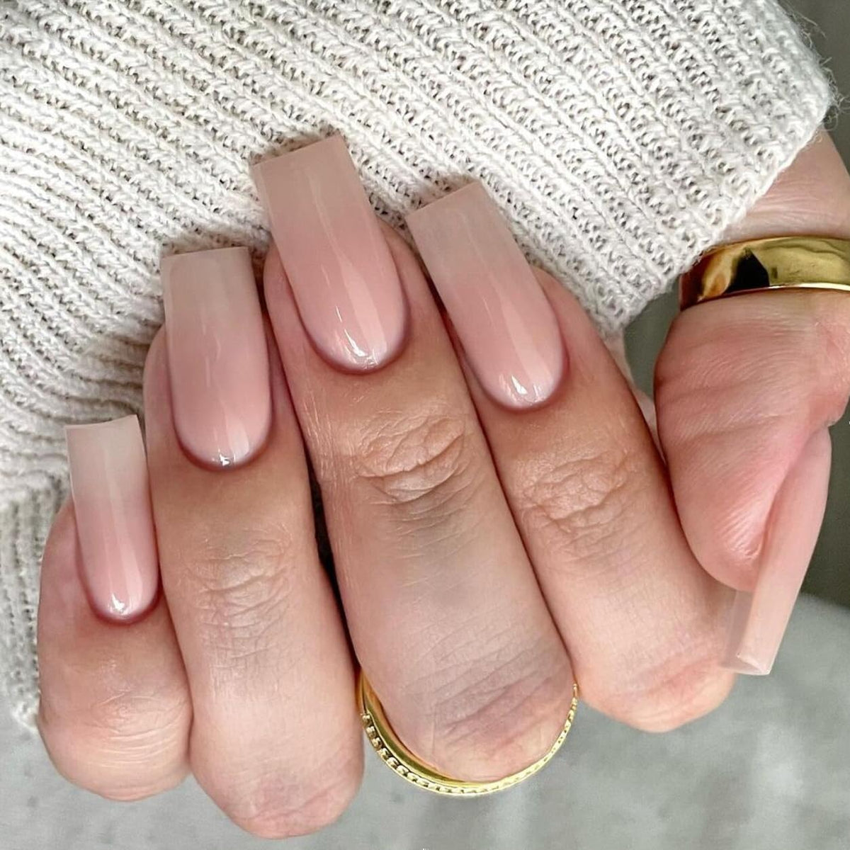 Nude Press on Nails Long Medium Square, Natural Nude Fake Nails Medium Coffin, Glossy Sheer Color Acrylic Nails Press