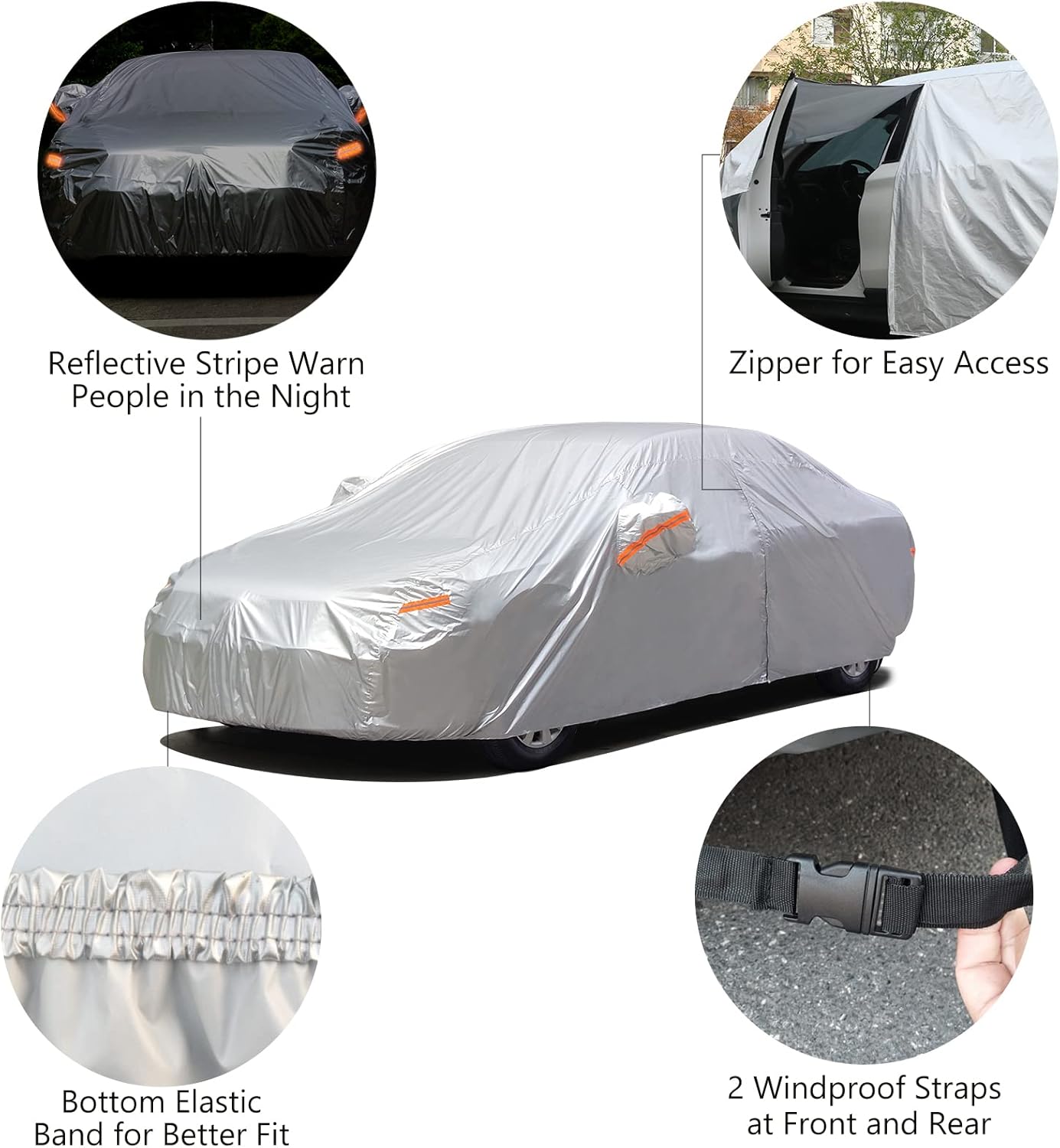 Car Cover with Zipper, 2 Layer Full Car Covers Waterproof/UV Protection/Snowproof/Dustproof, Universal Car Cover (Fit