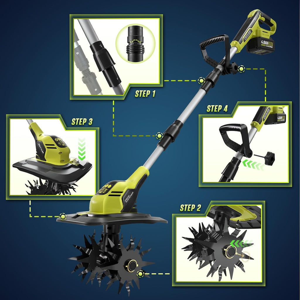 Cordless Tiller for Gardening, 20V 2 X 4.0Ah Battery Powered Cultivator, 9-in Tilling Width and 7-in Depth Electric