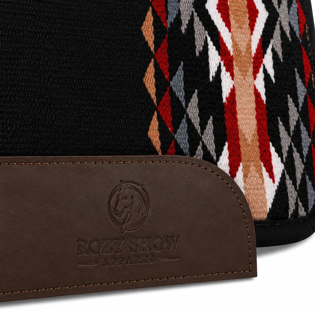 Premium Western Durrie Saddle Pad Black Southwestern Diamond Horse Saddle Blanket with Brown Leather Wear Panels |