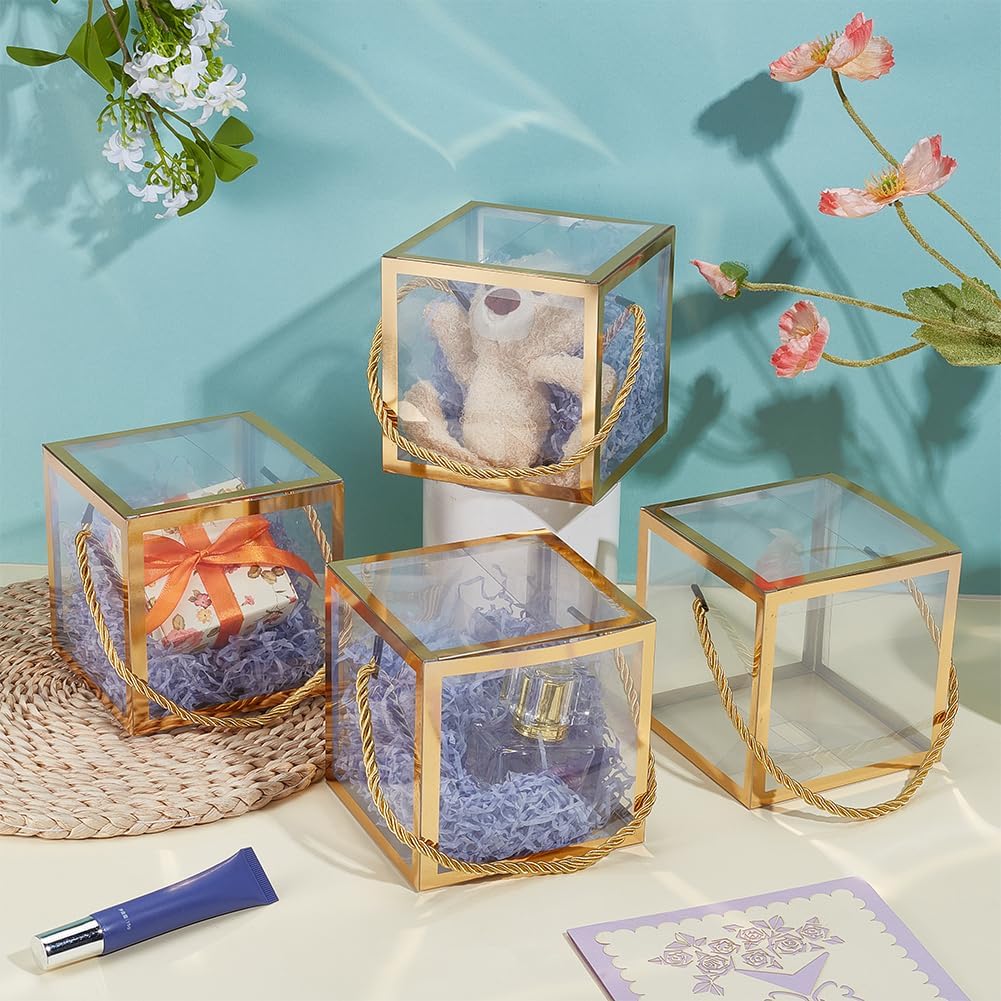 10 Sets Transparent Favor Boxes, 4.8x4.8x4.8 Inch Treat Gift Boxes with Gold Border Lace and Handle for Candy