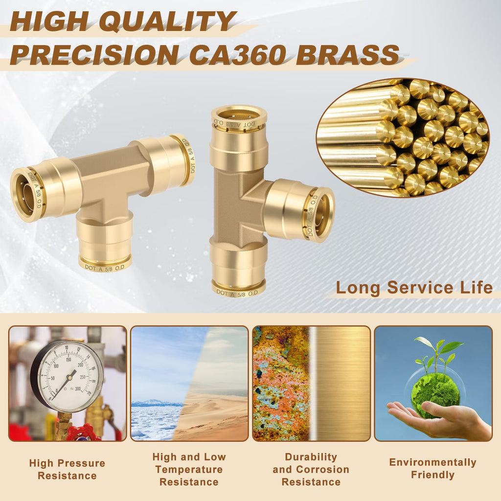 Boeray 5/8" Brass Union Tee, DOT Approved 3-Way Air Line Connector 2PCS