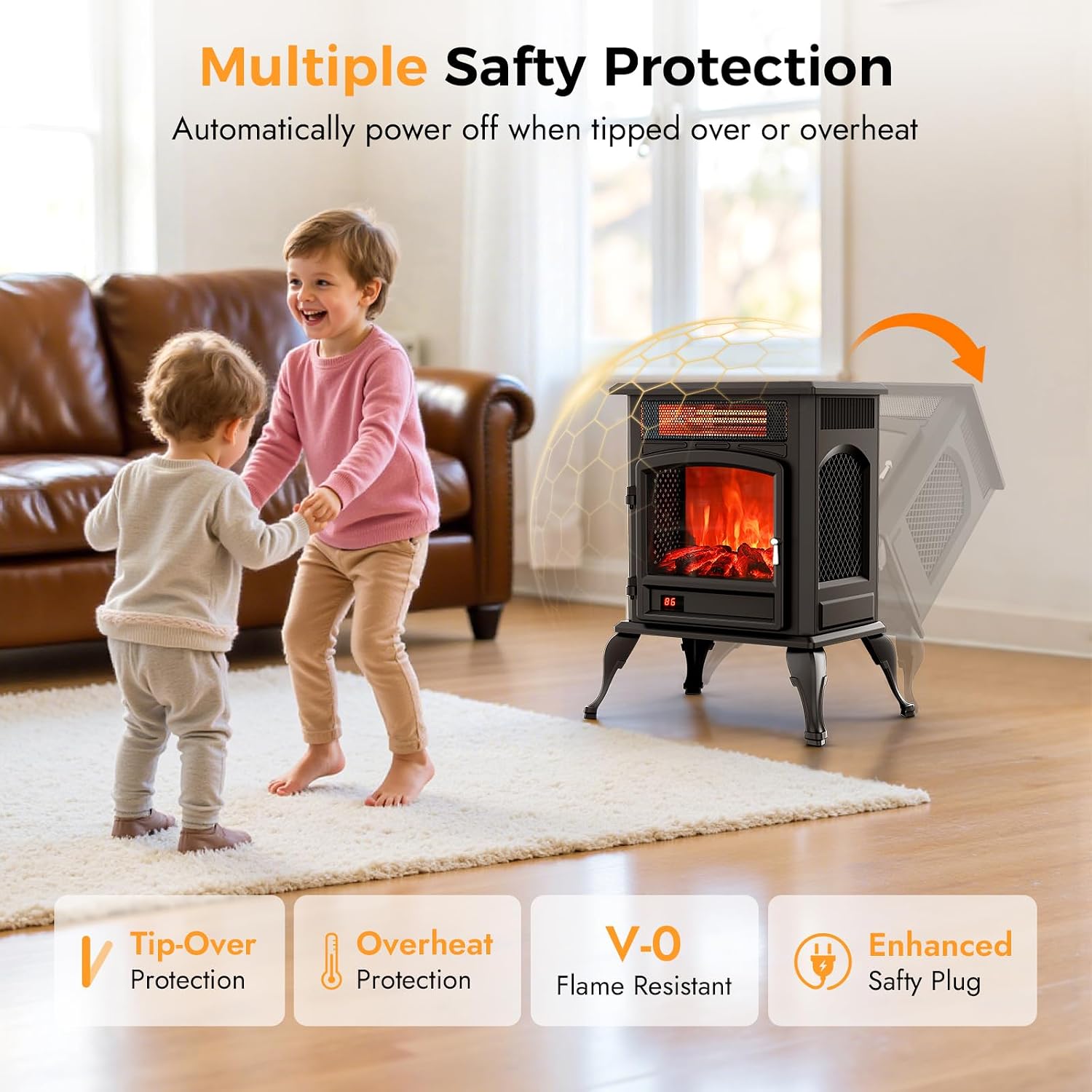 Electric Fireplace Stove Heater - Freestanding Electric Fireplace Heater with 3D Flame Effect, 1500W Infrared