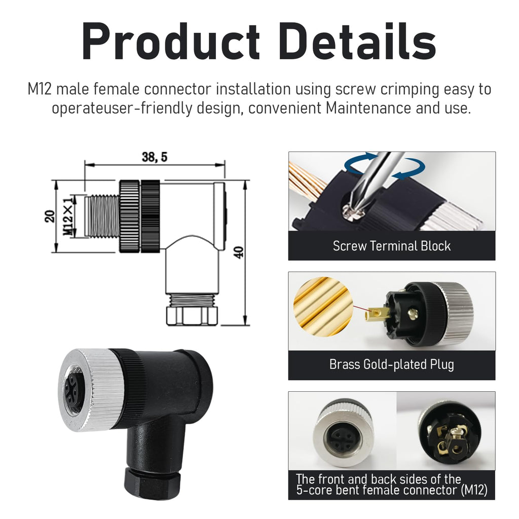 10Pcs M12 5Pin Female Industrial Aviation Connector (A-Code) Waterproof, Sensor Socket Field-Assemblable 12mm Circular Socket Panels Adapter IP67 Right Angel