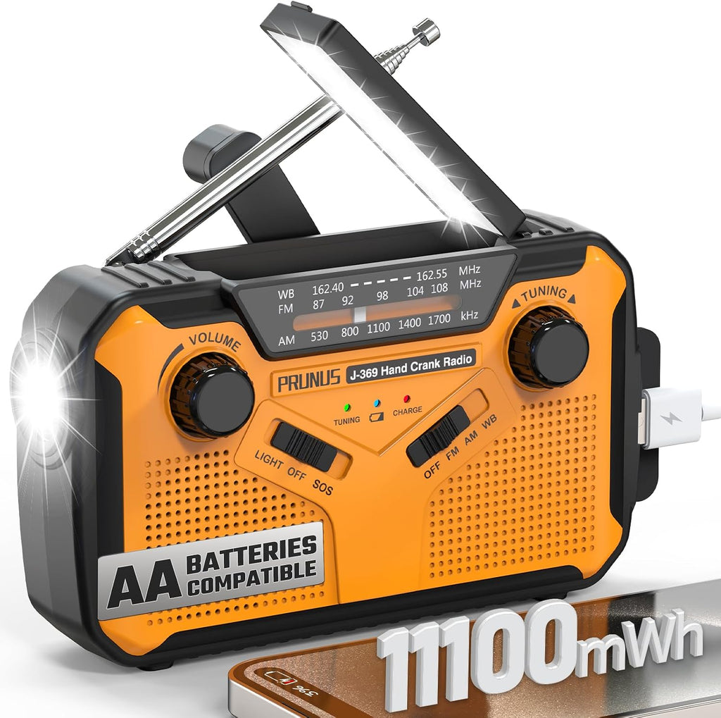 J-369 11100mWh Emergency Weather Radio NOAA/AM/FM | AA Batteries/Hand Crank/Solar/USB Charging, LED Flashlight and